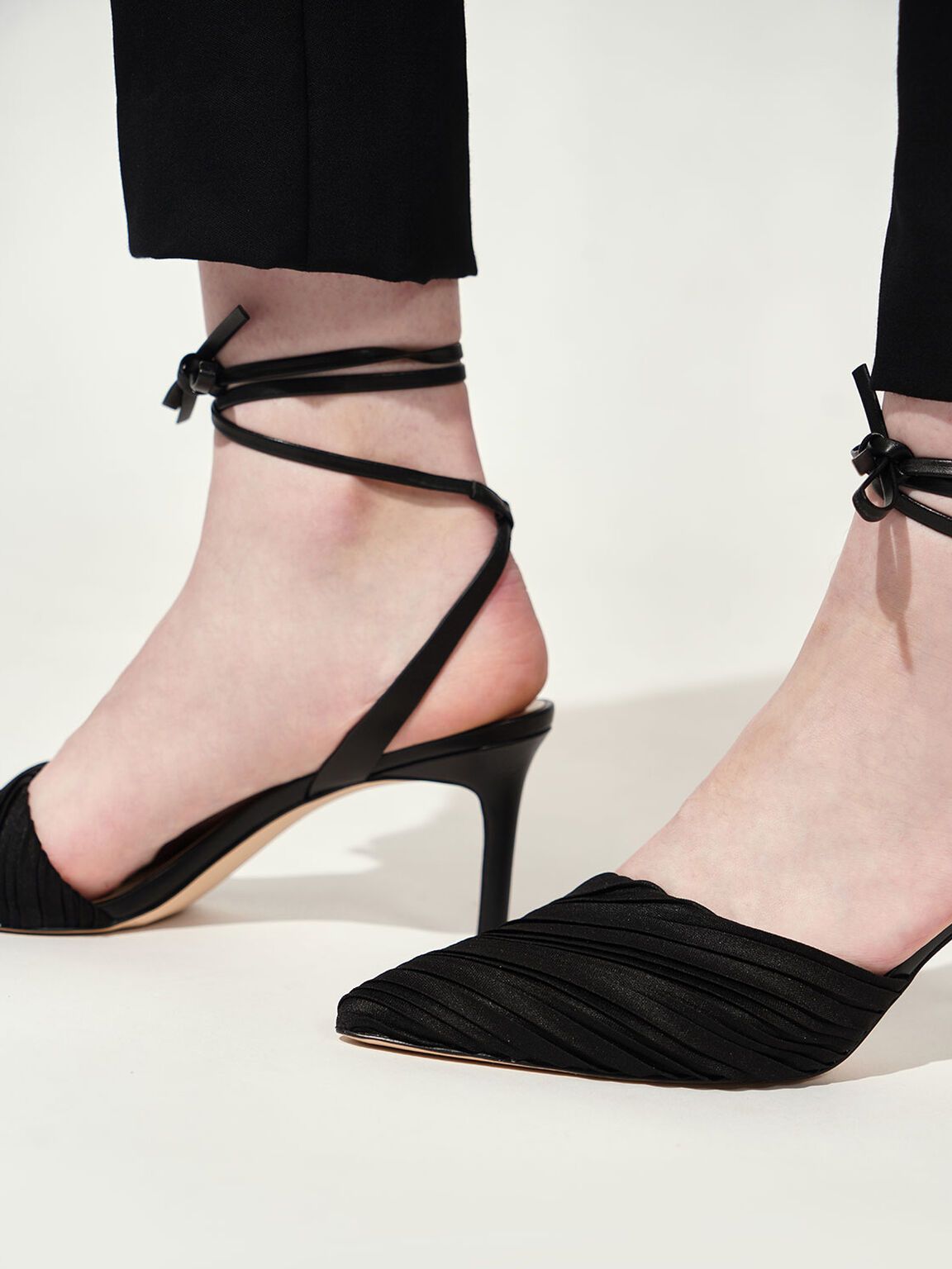 Pleated Ankle-Tie Stiletto Pumps